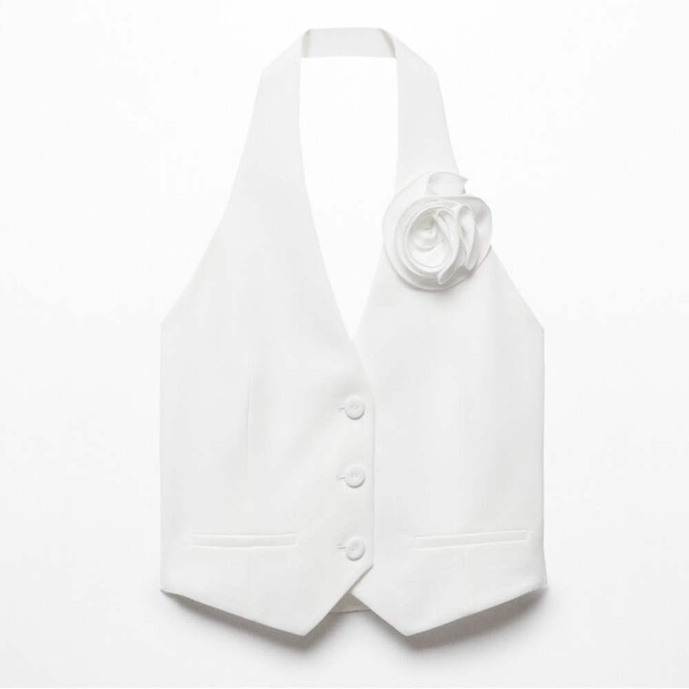 Mango White Vest Floral Applique Halter Bridal Rosette Suit Crop Top Medium - Picture 2 of 16